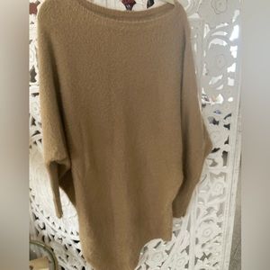 Khaki asymmetrical, off-the-shoulder sweater dress